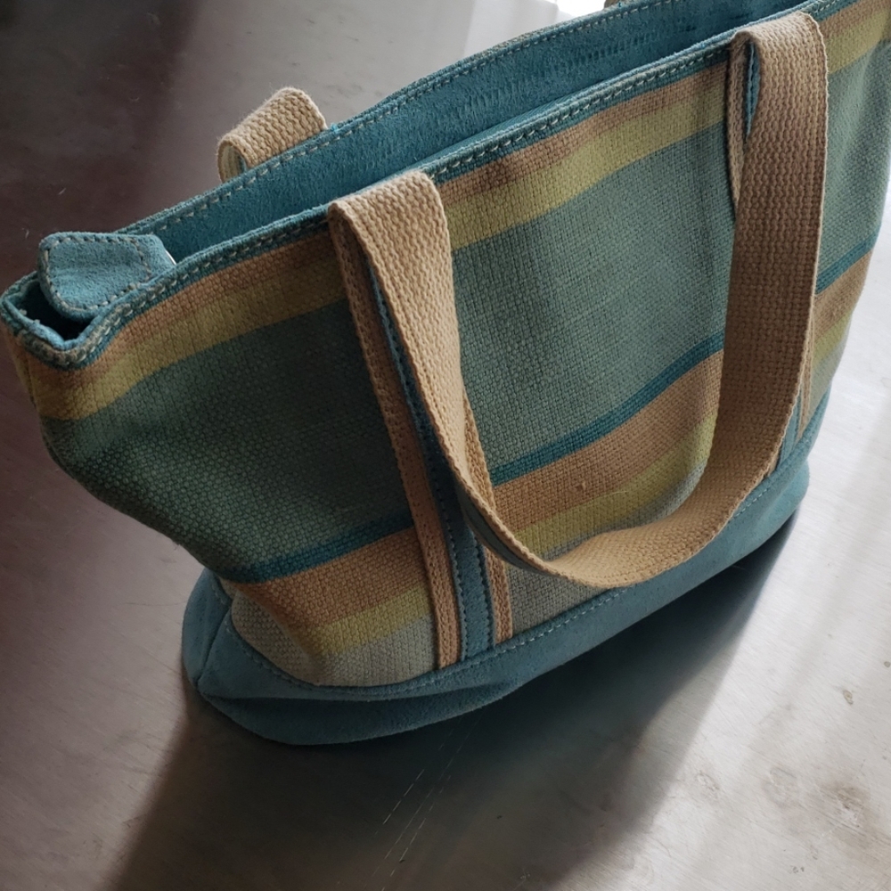 Turquoise lime green canvas and suede bag